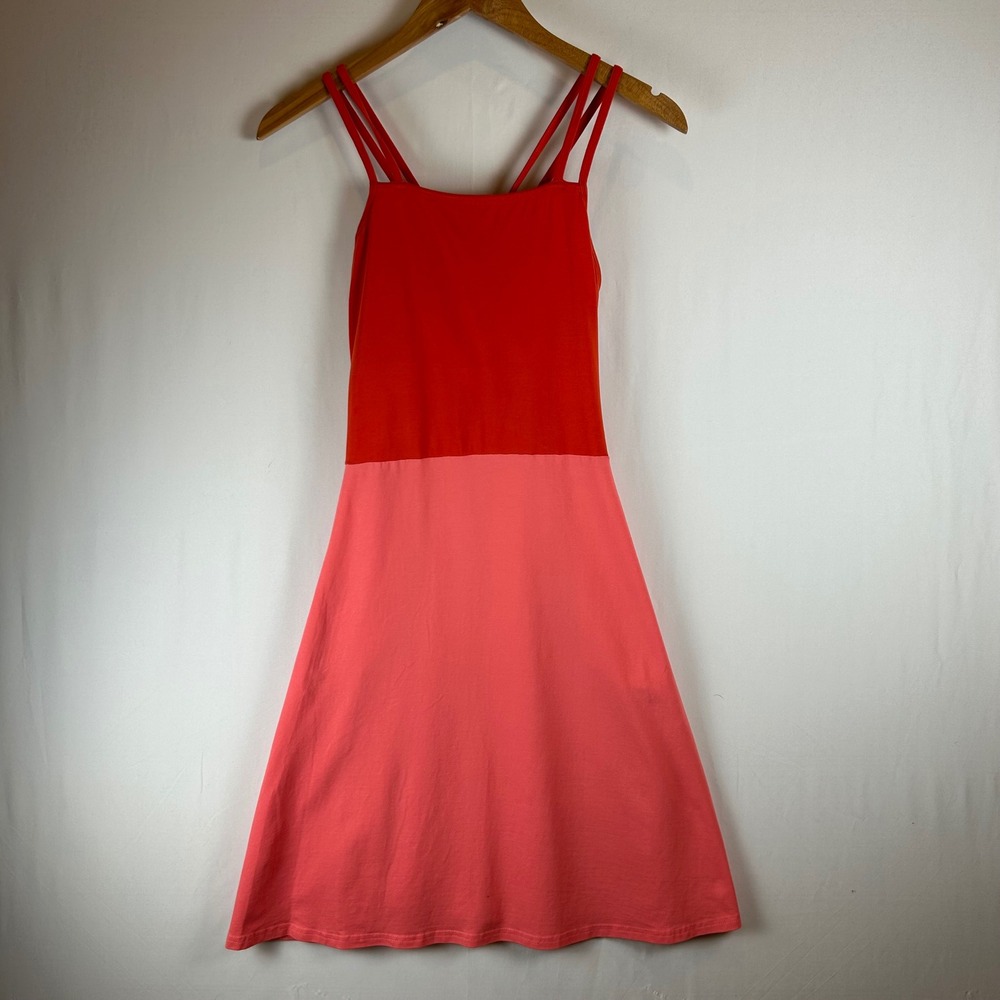 Pact Organic Cotton Colorblock Fit and Flare Dress Orange Pink Strappy Back L - Picture 1 of 11